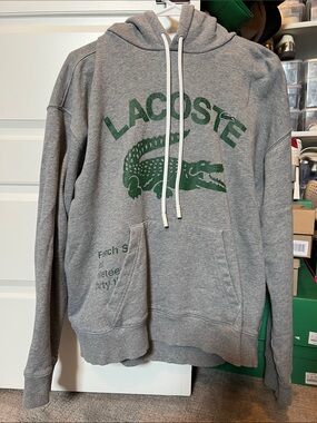 Lacoste Grey Pullover Hoodie with Green Crocodile Graphic